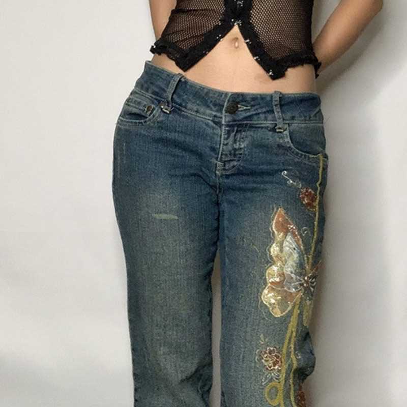 推荐Retro Butterfly Print Y2K Denim Jeans Low Waisted Grunge 纺织面料/辅料/配套 面料/布类 原图主图