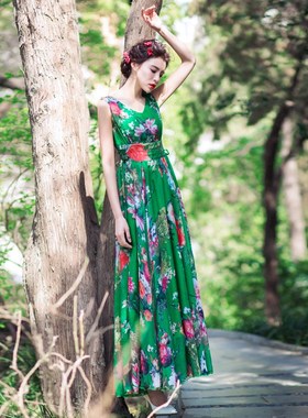 复古风v领翠绿底红色碎花雪纺系带连衣裙女装大摆抽绳中腰长裙子