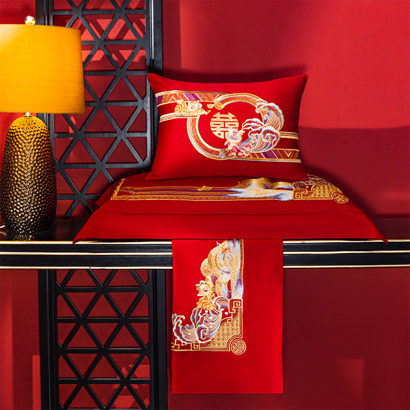 婚庆四件套大红全棉刺绣新婚被套婚房喜被十件套结婚床上用品,床上用品,婚庆床品套件,淘宝优惠券,粉丝福利购,淘宝优惠卷