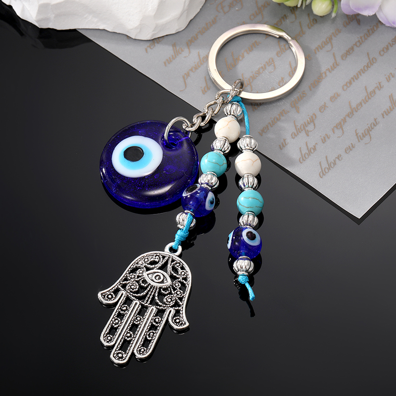 新品Blue Evil Eye Hamsa Hand Beads Keychain Keyring For Wome