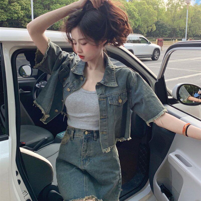 韩国时尚拼接短款牛仔外套夏季2023新款显瘦高腰半身裙女两件套装