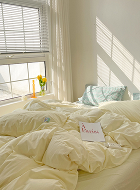 鹅黄色四件套100全棉水洗棉被套纯色床单床笠4季款床上用品