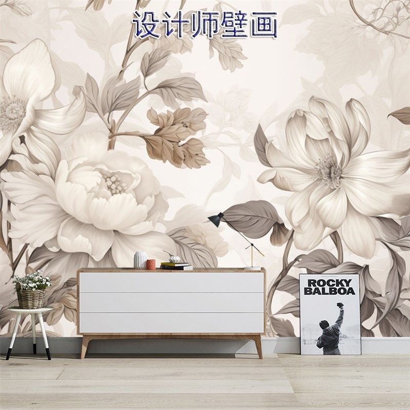 法式电视背景墙壁纸高级感墙布田园牡丹花卉墙纸客厅沙发壁布壁画