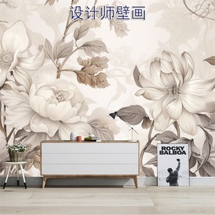 法式电视背景墙壁纸高级感墙布田园牡丹花卉墙纸客厅沙发壁布壁画