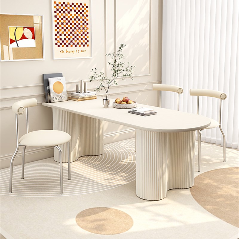 奶油风系餐桌侘寂法式复古岩板椅子极简岛台一体小户型纯白白现货