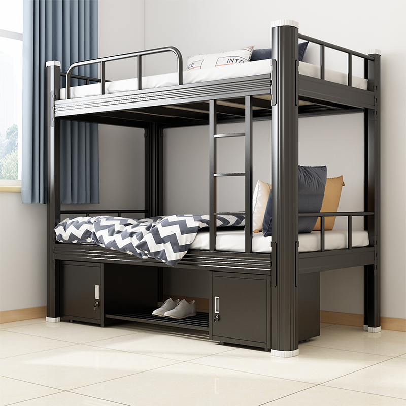 定制1.9m长上下铺铁艺床加厚员工学校宿舍实木床板双层床左爬梯