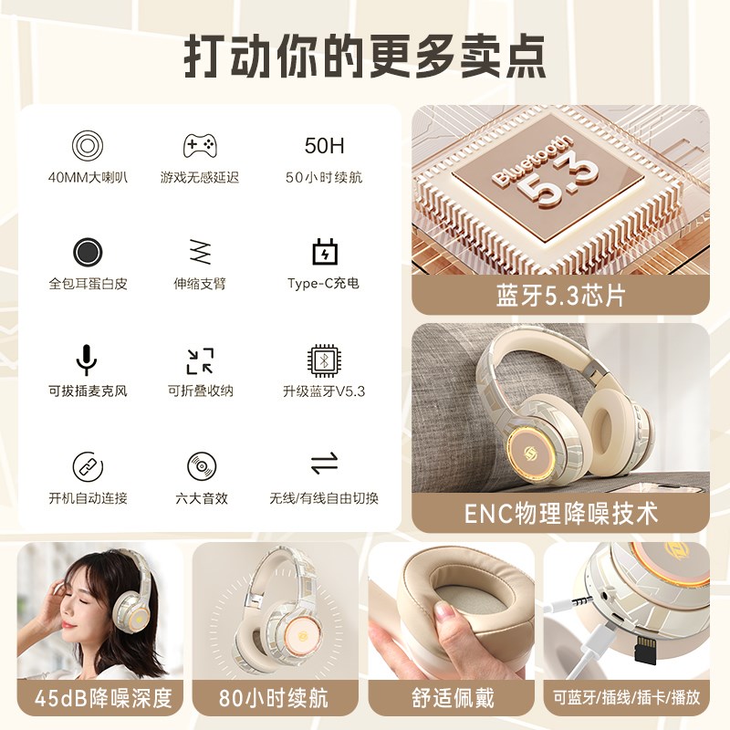 头戴式蓝牙耳机带麦无线电脑电竞游戏运动耳麦重低音降噪男女通用