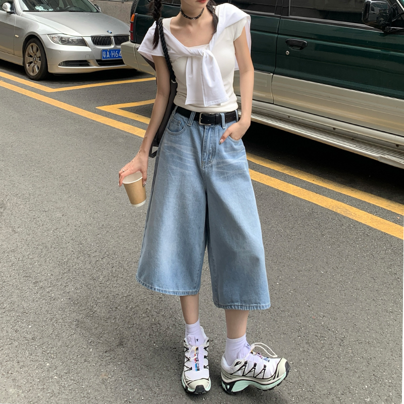 美式浅色复古阔腿牛仔裤女夏季薄款高腰显瘦宽松七分小个子直筒裤