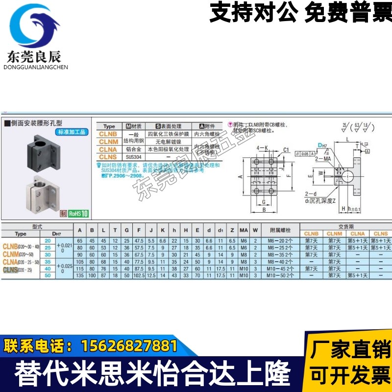 侧面安装腰形孔CLNB20CLNM25CLNA30CLNS35调节固定座导向轴支座