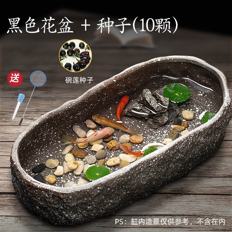 速发古法养鱼缸生态造景碗莲陶瓷盆家用阳台水培池小型装饰仿石头