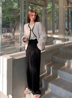 孕妇裤子女2021新款外穿v杏色针织阔腿裤秋冬季加厚休闲拖地长裤