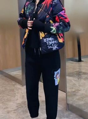 韩版2023冬季新款爆款网红宽松女装炸街飞行潮流涂鸦棉服短款外套