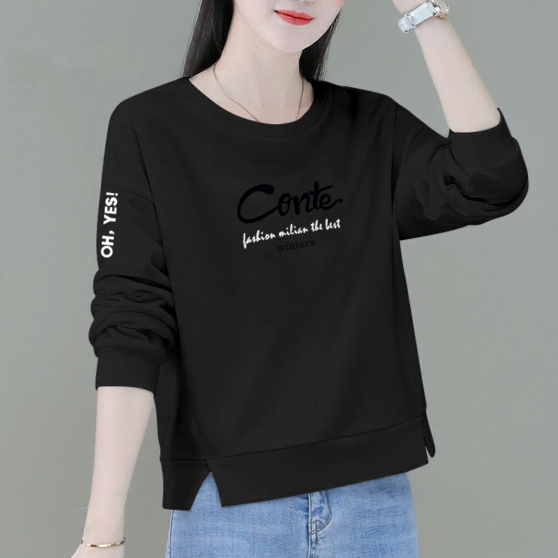 黑色厚棉T女套头2023春秋新款开叉小个子长袖X圆领上衣短款