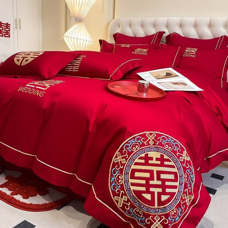 中式100支结婚四件套红色婚庆被套婚房喜被床单陪嫁床上用品4,床上用品,婚庆床品套件,淘宝优惠券,粉丝福利购,淘宝优惠卷