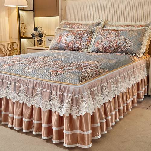 欧式蕾丝床裙款冰丝凉席三件套夏季1.8m空调软席子可拆卸水洗床罩