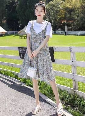 孕妇装雪纺碎花假两件连衣裙夏季2023韩版宽松中长款孕.妇夏天裙