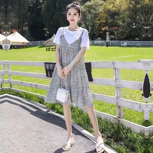 孕妇装雪纺碎花假两件连衣裙夏季2023韩版宽松中长款孕.妇夏天裙