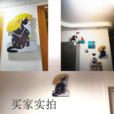 小清新打伞猫装饰挂表静音卧室儿童房幼儿园钟表教室静音可爱挂钟