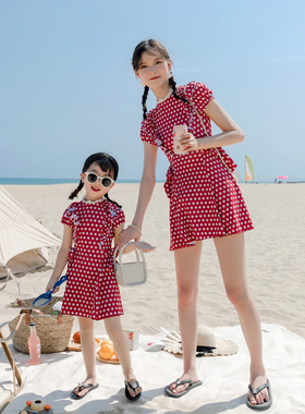 亲子泳衣女母女j分体裙式保守平角女孩红色儿童中小童宝宝亲子泳