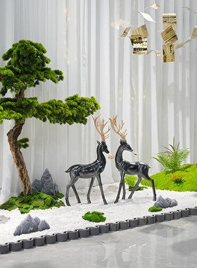室内景观空间造景组合装饰酒店餐厅会所布置楼梯下抽象高档鹿摆件