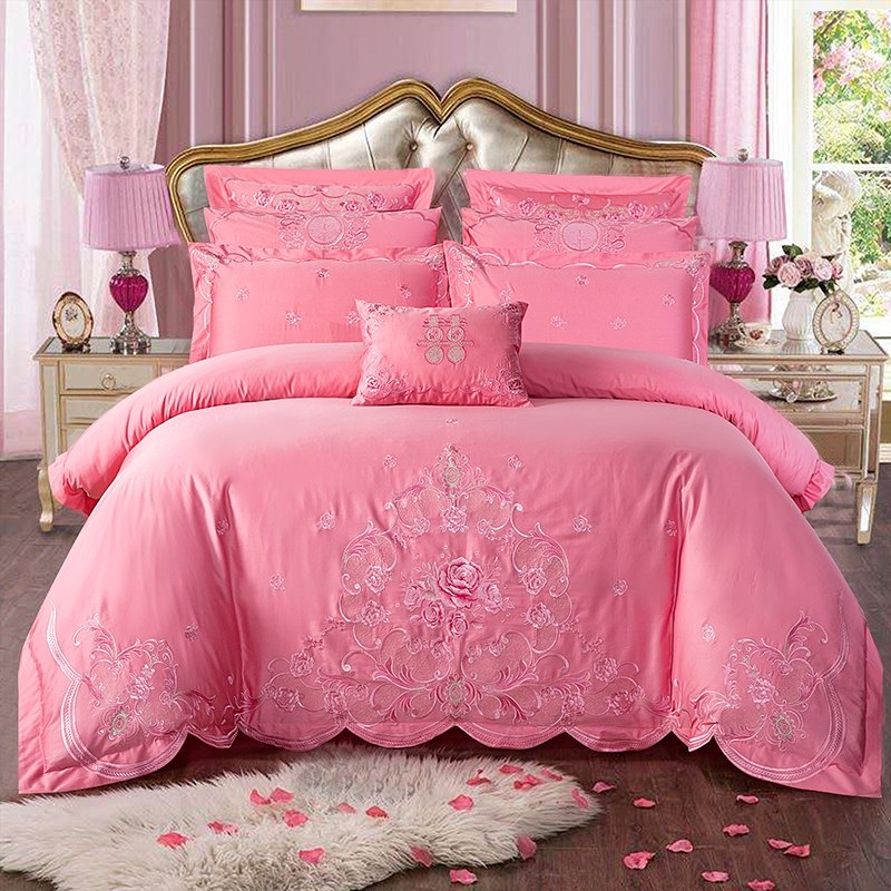 新婚喜被床上四件套全棉粉大红色刺绣花婚庆陪嫁床品被套床单,床上用品,婚庆床品套件,淘宝优惠券,粉丝福利购,淘宝优惠卷