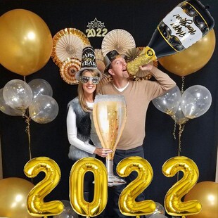 Latex Foil Balloons Gold 2022 Glass Black Wine 78pcs Bottle
