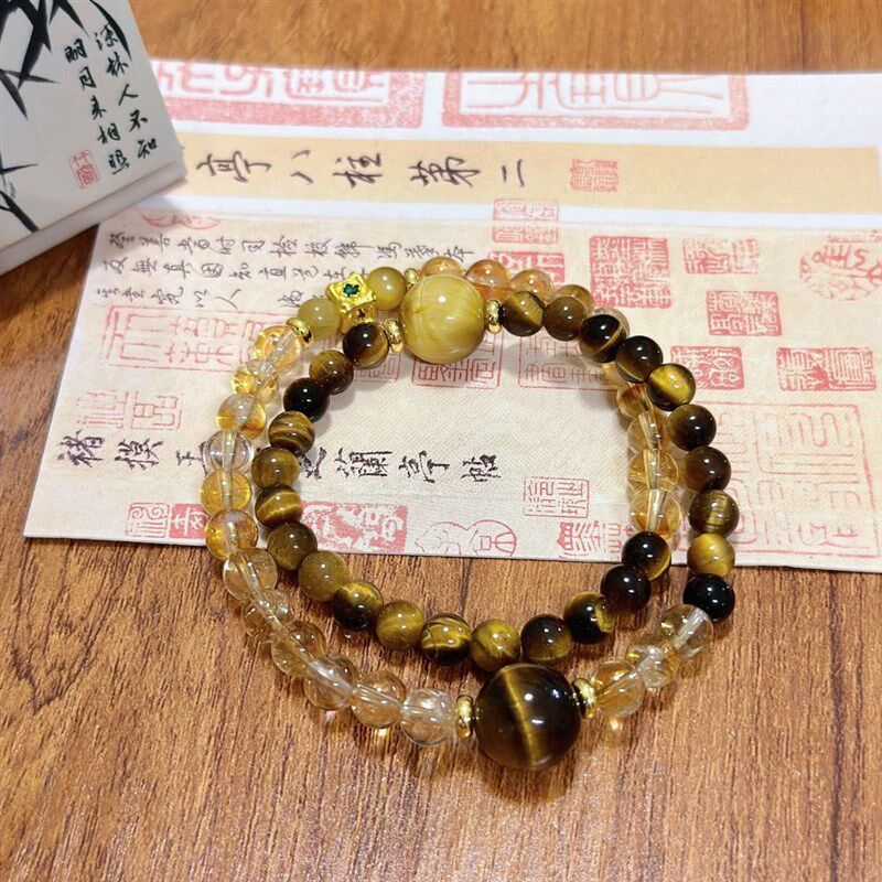 新中式国风天然水晶手链圆黄塔晶珠天然虎眼水晶手串爆款饰品