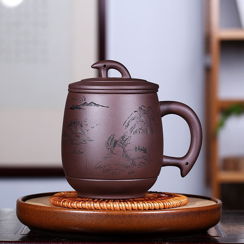 现货宜兴手工中式茶杯紫砂杯办公水杯紫砂过滤茶具四件套一件代发