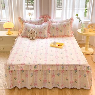 韩版 小碎花纯棉单件床裙田园风少女心全棉床单防滑防尘床罩三件套