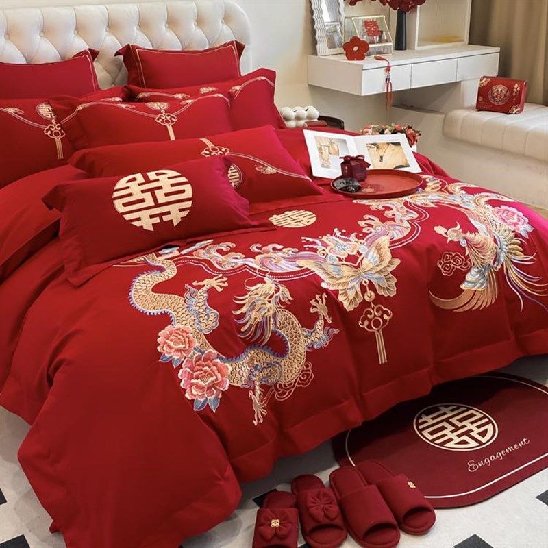 中式龙凤刺绣婚庆四件套全棉大红色床单结婚喜庆被套床品,床上用品,婚庆床品套件,淘宝优惠券,粉丝福利购,淘宝优惠卷