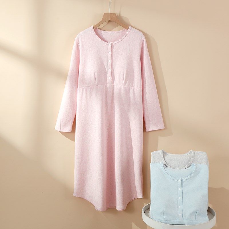 带胸垫哺乳睡裙秋季睡衣产后月子服秋冬待产喂奶家居裙孕妇裙