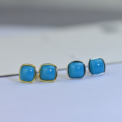 湖北原矿天然绿松石 保真耳钉高瓷蓝925银镶嵌简约甜美风女款耳饰