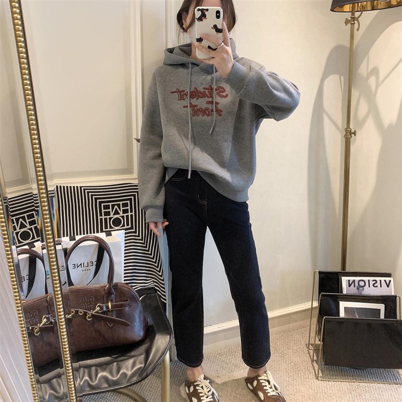 加绒卫衣女秋冬款j2024新款爆款女装时尚抽绳连帽字母刺绣复古上