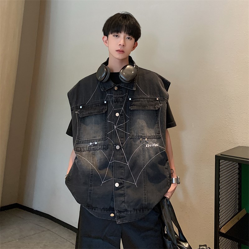 新品美式高街复古小众牛仔马甲男vibe潮牌嘻哈宽松设计感刺绣坎肩