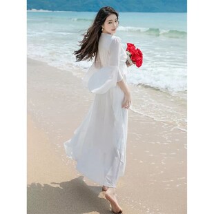 红色裙子沙漠夏季新款荷叶边V领雪纺连衣裙三亚度假超仙气质长裙