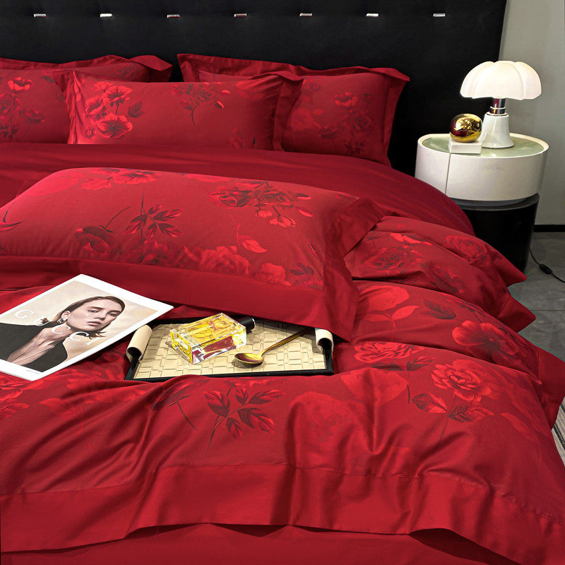 中式全棉备婚结婚四件套红色玫瑰被套婚庆床上用品新婚房,床上用品,婚庆床品套件,淘宝优惠券,粉丝福利购,淘宝优惠卷