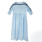 2019夏蓝色苎麻梯形领连衣裙 复古文艺七分袖 宽松亮肤过膝长裙女