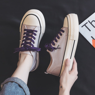 紫色帆布鞋女款2023年夏季新款低帮系带圆头厚底休闲板鞋布鞋球鞋
