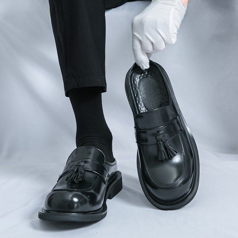 增高半拖皮鞋男士英伦凉拖一脚蹬休闲皮拖潮理发师夜店包头半拖鞋