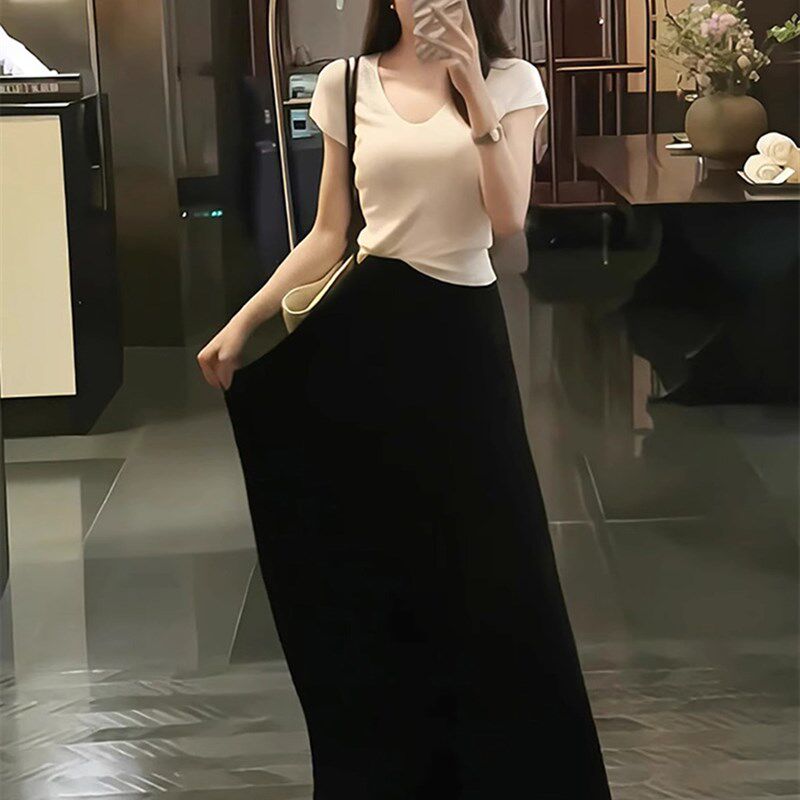 黑色百褶半身裙女夏季新款u高级感高腰垂感中长款法式套装裙两件