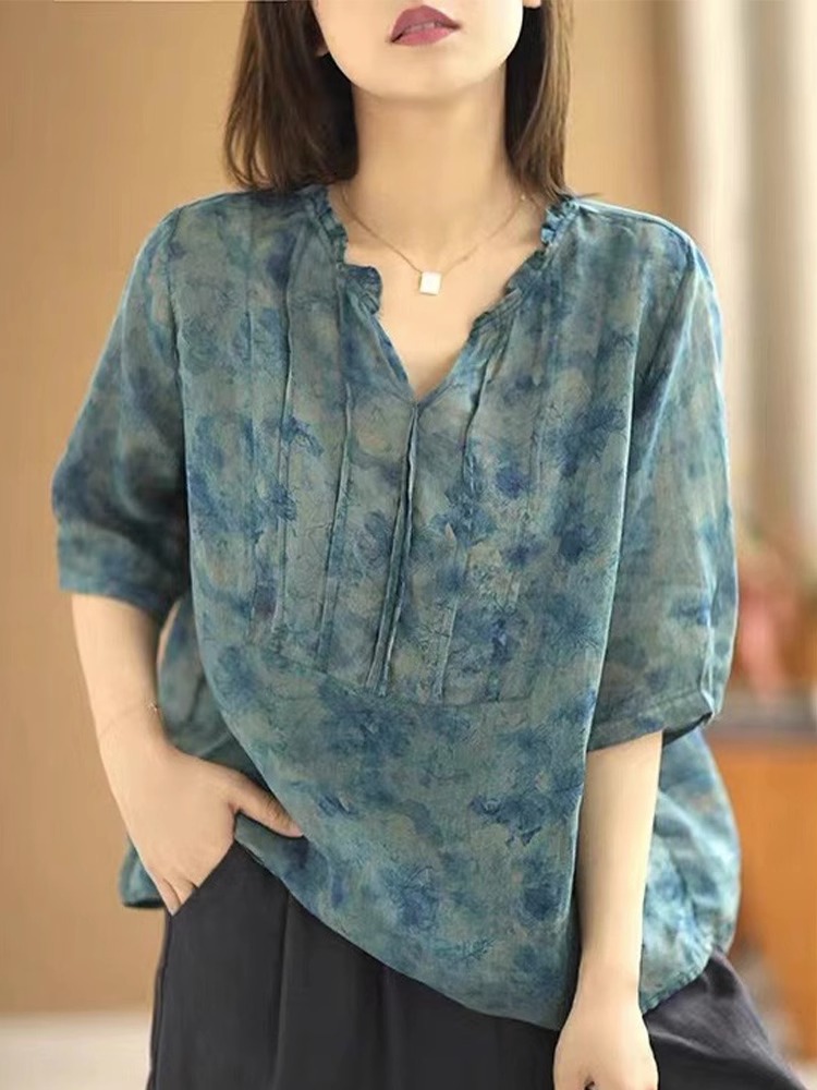碎花棉亚麻V领衬衫女夏季2023新款宽松显瘦洋气减龄花边苎麻上衣