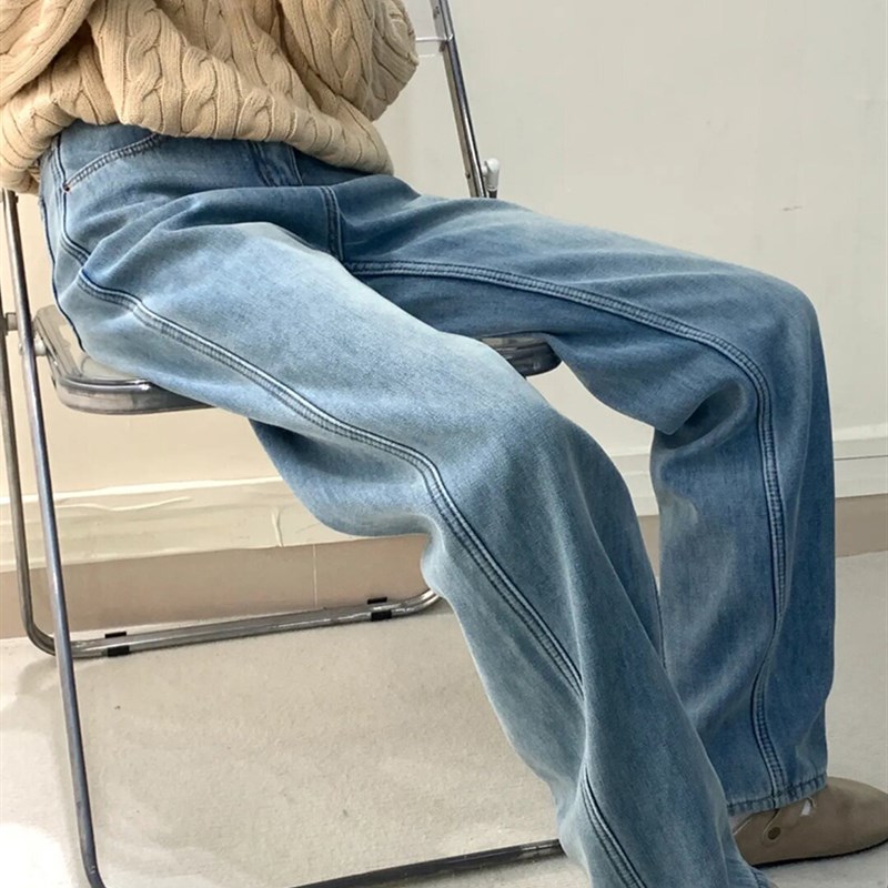 加绒高腰牛仔裤女秋冬款大码女装梨形身材胖mm显瘦显腿细直筒裤子