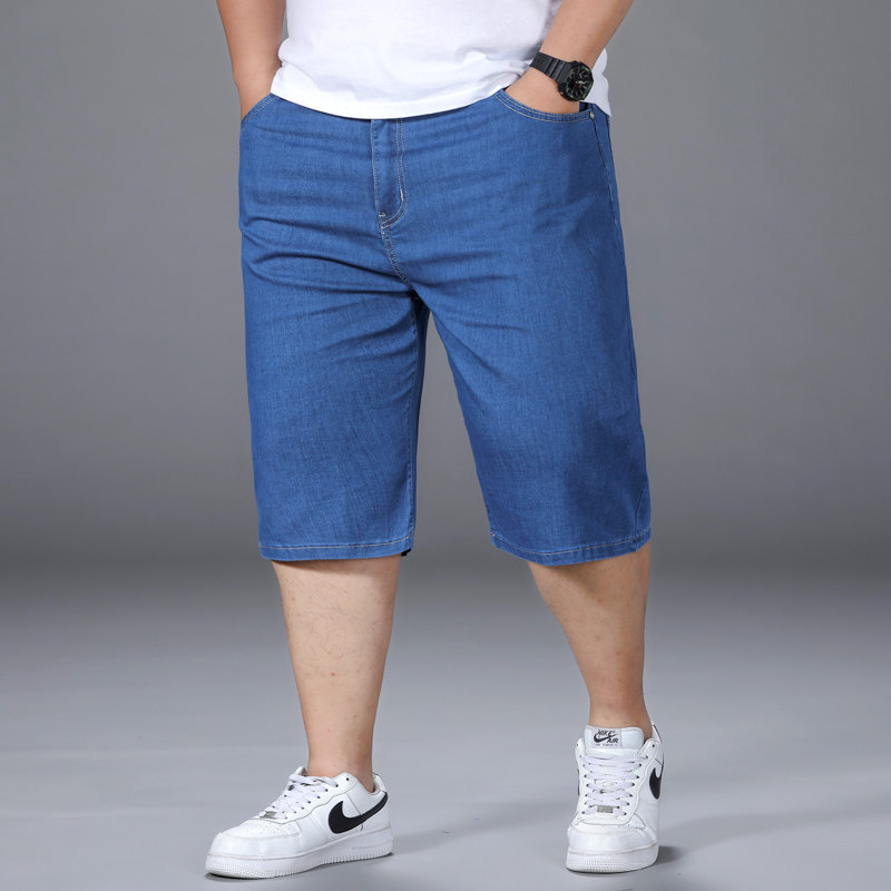 夏季薄款牛仔短裤男士五分裤宽松直筒加肥加大码马裤休闲浅灰中裤