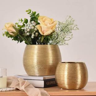 客厅摆件花瓶花器 速发维柯顿镀金色陶瓷拉丝多肉圆形花盆ins欧式