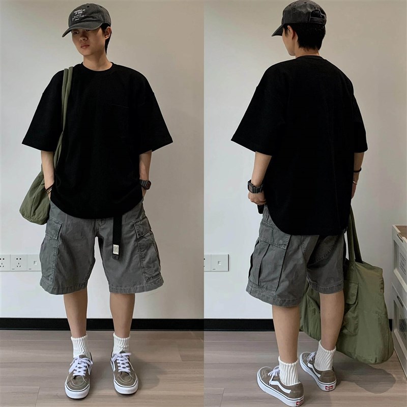夏季纯棉短袖t恤运动风套装男生夏天薄款夏装衣服搭配直筒长裤男