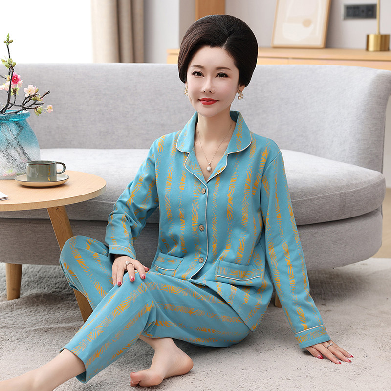 睡衣女秋冬季开衫韩版中老年妈妈款套装中年长袖裤春秋家居服