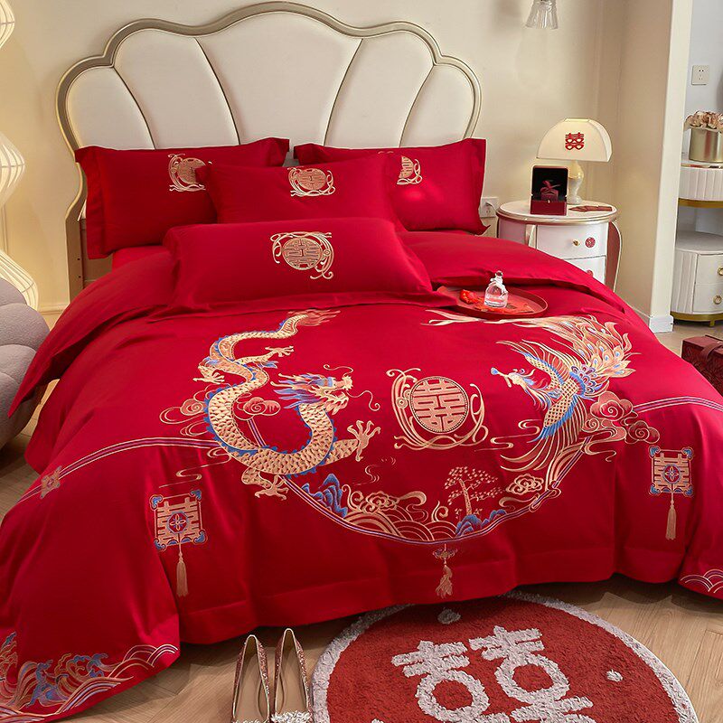 结婚喜庆全棉磨毛四件套红色刺绣婚庆婚礼被套床单床上用品4,床上用品,婚庆床品套件,淘宝优惠券,粉丝福利购,淘宝优惠卷