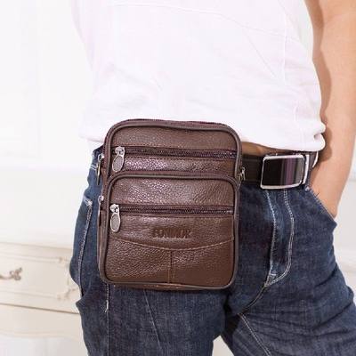 速发Solid Color Genuine Leather Shoulder Waist Bags Men Fann