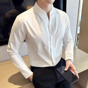 英伦风潮流衬衫男长袖冬季新款高级感H韩版修身V领商务休闲白衬衣
