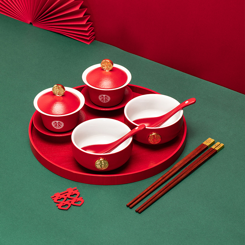 烛红金喜改口敬茶杯结婚喜杯礼盒套装送新人婚礼婚庆陶瓷用品大全